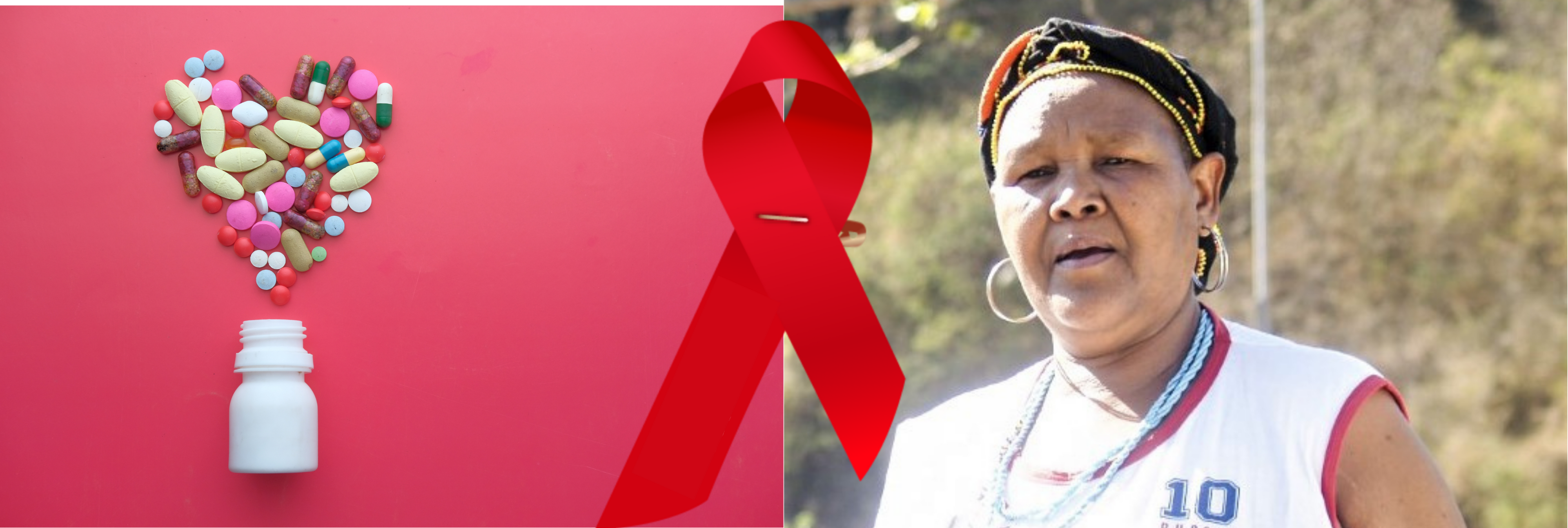 An image of Mrs. Nonceba Clara Njemla, a beneficiary of anti-retroviral treatment and a bottle of anti-retroviral drugs